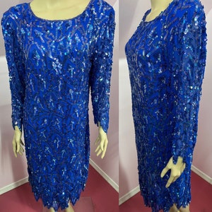 Vintage 80s Royal Blue Iridescent Sequined & Beaded Silk Dress by Swee Loo. Medium