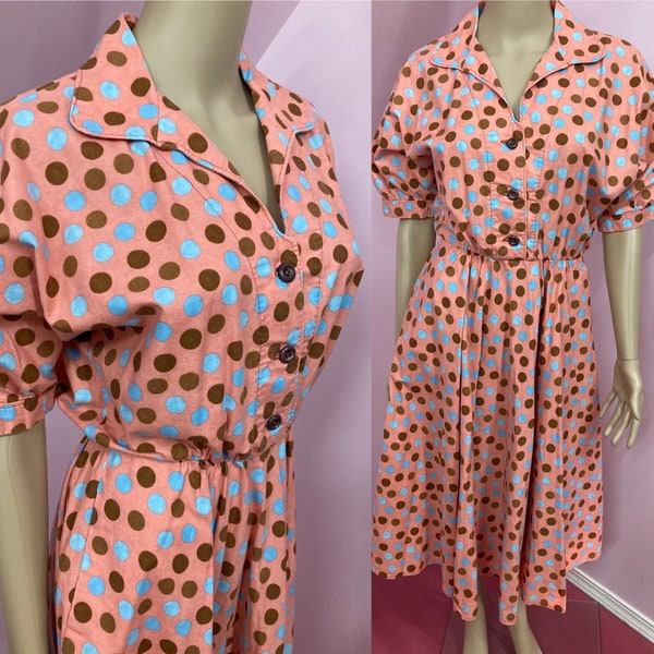Vintage 80s Polka Dot Dress. Peach Polka Dot Dress. Polka Dot Shirtwaist Dress.80s does 50s Dress. Cotton Shirt Dress. Small