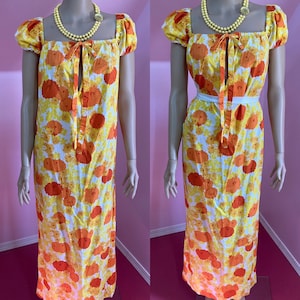 Vintage 50s Yellow & Orange Floral Dress. Long Cotton Summer Dress. Pockets.Small/Medium