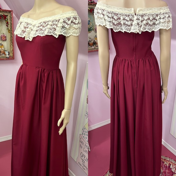 Vintage 70s Burgundy Red Gown with Ivory Lace Trim. 70s Bridesmaid Dress