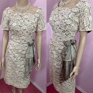 Vintage 50s Ivory Lace & Satin Dress. 50s Fancy Day Dress by Patt William NY. 34” Waist L/XL
