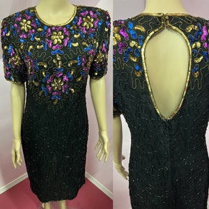 Vintage 80s Beaded & Sequined Short Sleeve Dress. Multicolor Color Beaded Party Dress by Stenay. S/M