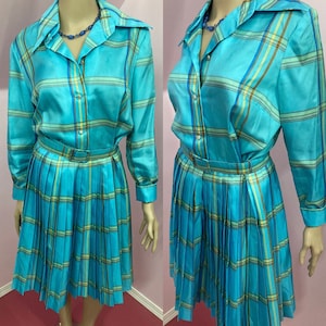 Vintage 70s Turquoise Blue Plaid Shirtwaist Dress with Pleated Skirt by Ivan Fredrics. M/L