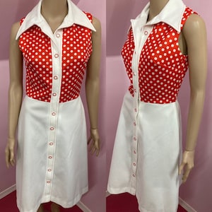 Vintage 70s Red & White Polka Dot Dress. Sleeveless 70s Shirt Dress. Small