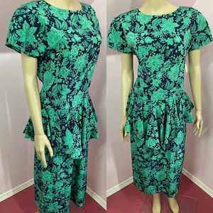 Vintage 80s Green Floral Dress by Virgo ll. 80s does 40s Style Dress.NOS Large