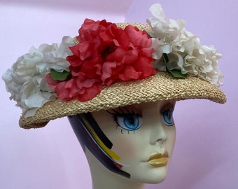 Vintage 1940s Straw Boater Hat with Red & White Flowers by Nicholas Ungar. Size 22