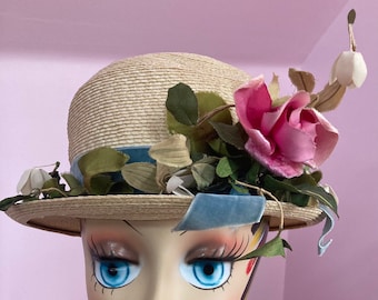 Vintage 1940s Dachettes Straw Hat with Pink Roses. 40s Lilly Dache Floral Hat