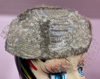 Vintage 50s Pewter Beaded & Iridescent  White Sequined Hat. 50s Wedding Hat. Fancy 50s Pillbox Hat. 50s Cocktail Hat