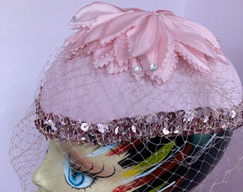 Vintage 80s Pink Juliette Cap with Rhinestoned Flower & Sequins. 80s Pink Sequined Veiled Hat with Flowers