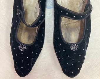 Vintage 1900- 1920s Black Velvet Mary Jane Shoes with Metal Studs and   Floral Accents.