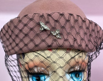 Vintage 1940s Brown Glenover Wool Hat with Black Veil& Rhinestones by Henry Pollak