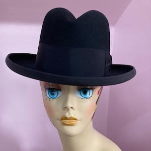 Vintage 40s/50s Black Felt Homburg Hat. Black Homburg Hat 21” band