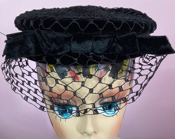 Vintage 40s Black Velvet Bucket Hat with Veiled Overlay and Velvet Bow