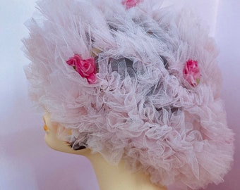 Vintage 50s Pink Floral Bonnet. 50s Curler Hat. 1950s Curler Bonnet