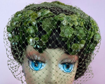 Vintage 50s Fancy Green Floral Whimsy Hat with Netted Veil