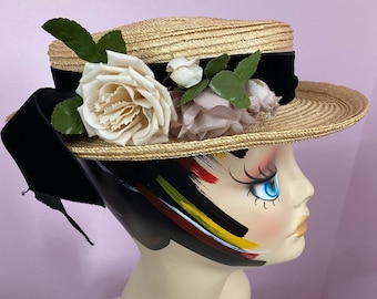 Vintage 40s Straw Boater Hat. Black Velvet Ribbon with Off White & Mocha Roses.