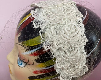 1940s Veiled Lace Appliqué Bridal Headband.