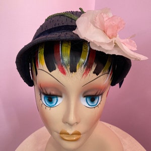 Vintage 50s Navy Blue Cloche Style Hat with Large Pink Flower by Connie Mae