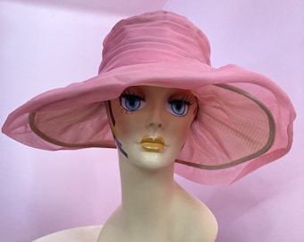 Vintage 1950s Pink Organza Sun Hat. Pink Wedding Hat