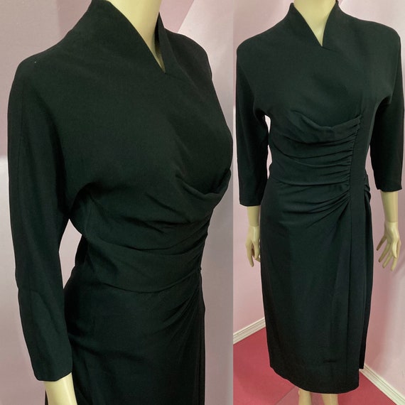 Vintage 50s Black Dorothy O’hara Rayon Crepe Dres… - image 1