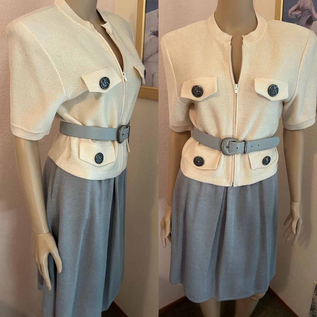 Vintage 1990s St. John Suit. Ivory & Gray Santana Knit Jacket and