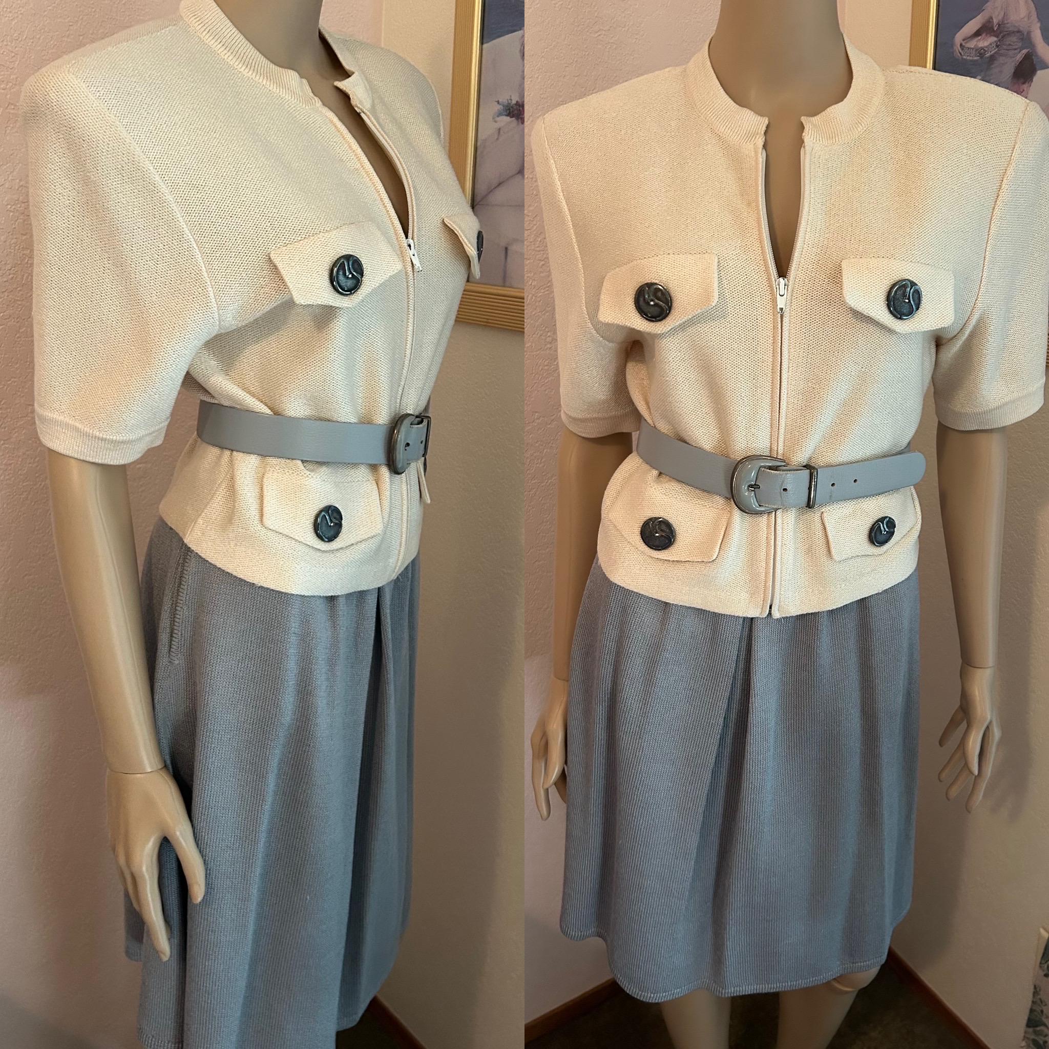 Vintage 1990s St. John Suit. Ivory & Gray Santana Knit Jacket and