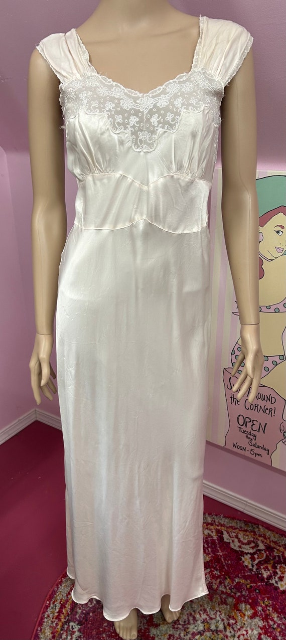 Vintage 40s Ivory Rayon Satin Nightgown with Lace… - image 2