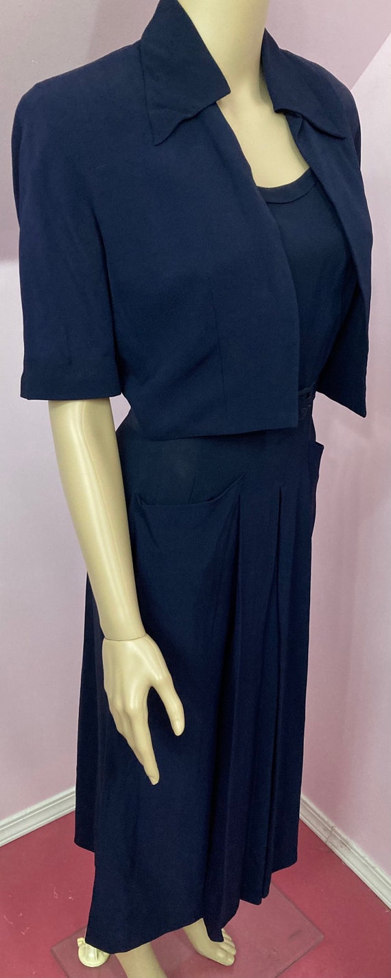 Vintage 40s Navy Blue Rayon Dress & Jacket Set - image 7