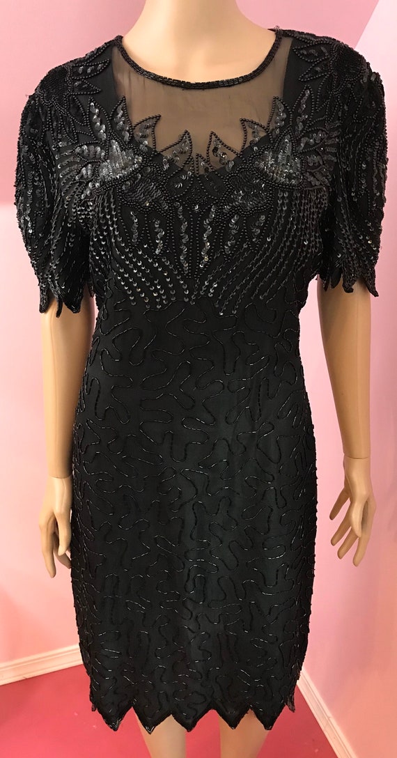 Vintage 80s Silk Beaded Dress.80s Black Beaded Se… - image 2