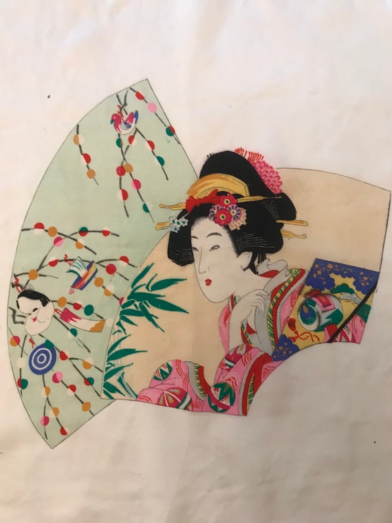 Vintage 40s White Silk Scarf with Geisha Girl - image 2