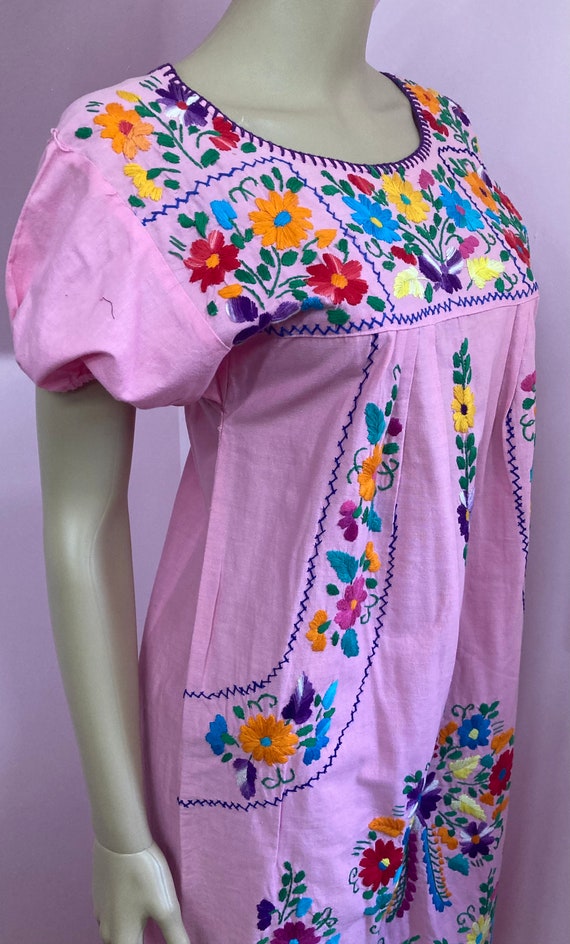 Vintage 70s Pink Cotton Embroidered Mexican Dress. - image 8