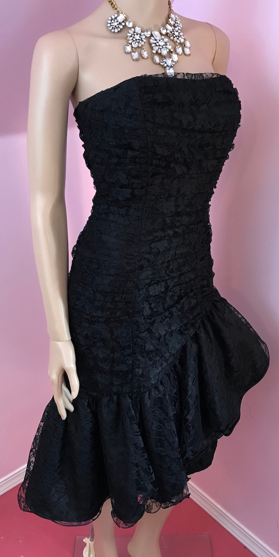 Vintage 80s Black Lace Dress.80s Strapless Dress.… - image 5