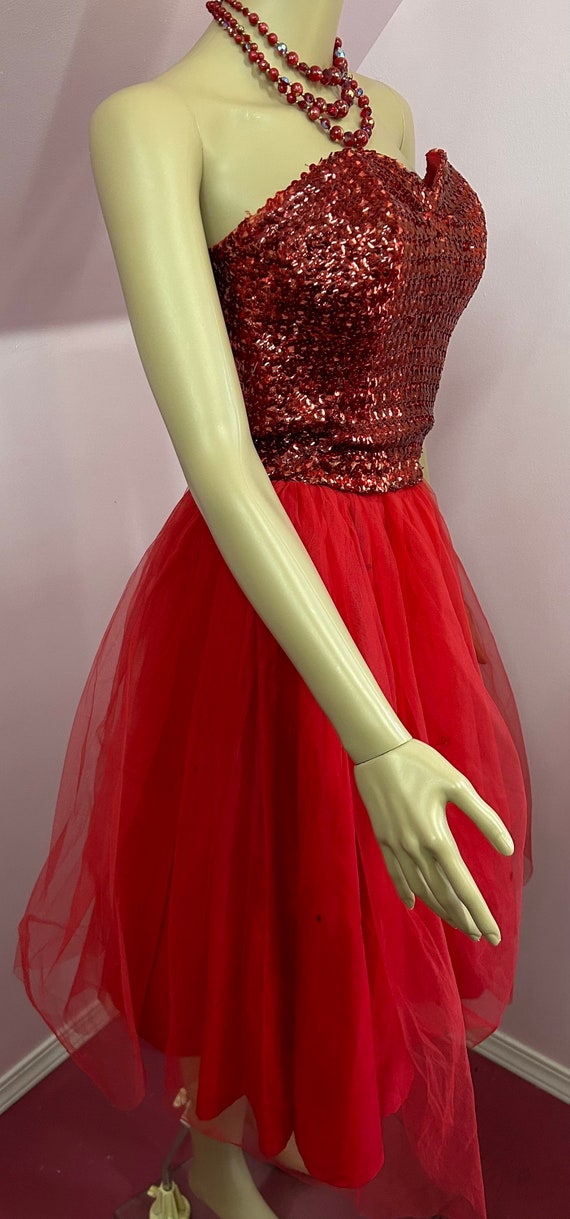 Vintage 50s Red Sequined Bustier & Tulle Shirt Se… - image 5