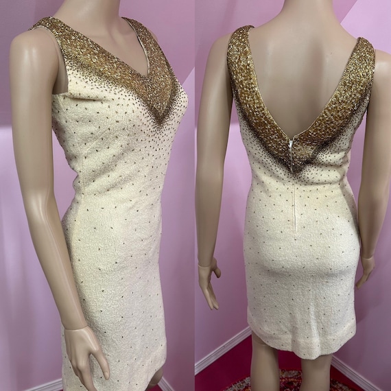 Vintage 50s/60s Ivory & Gold Beaded Sweater Dress… - image 1