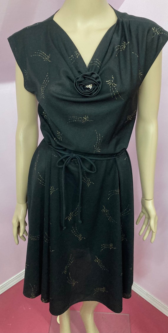 Vintage 70s Sheer Black Polyester Dress with Meta… - image 3