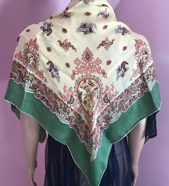 Vintage 50s Green Silk Scarf with Regal Asian Pri… - image 1