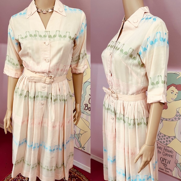Vintage 50s Dress. 1950s Dress. Pink Cotton Flamingo Dress.Shirtwaist Dress.Full Skirted Dress. Short Sleeved Dress