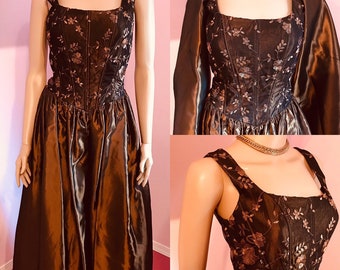 Vintage 1980s Gown & Shawl Set by Cache. Brown Taffeta Gown.Long Dress. 80s Evening Gown. XS