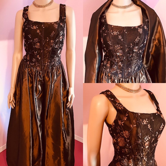 Vintage 1980s Gown & Shawl Set by Cache. Brown Ta… - image 1