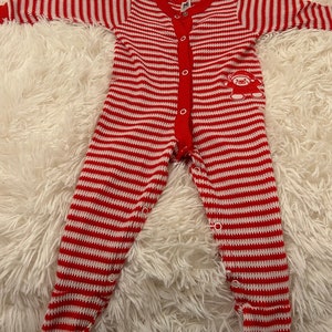 Vintage 70s Carters Red & White Striped Footed Pajamas with Bedtime Bear Patch. Infant Size Large 18-23 lbs. Made in USA