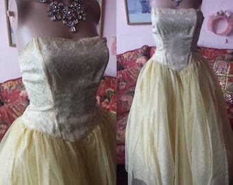 Vintage 50s Yellow Strapless Gown with Tulle Skirt...XS/S