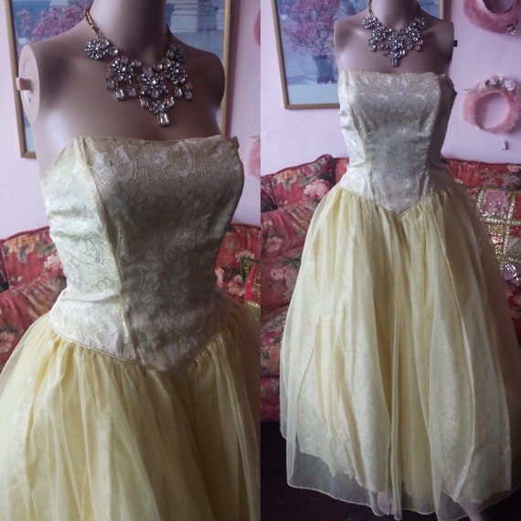 Vintage 50s Yellow Strapless Gown with Tulle Skir… - image 1