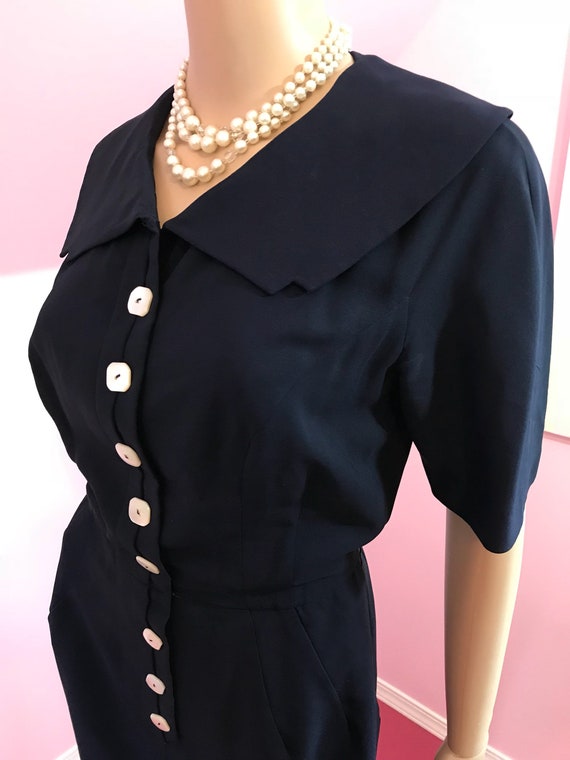 Vintage 1950s Navy Blue Rayon Dress by John Doyle Bishop & Anna Miller. Small to Medium View 5