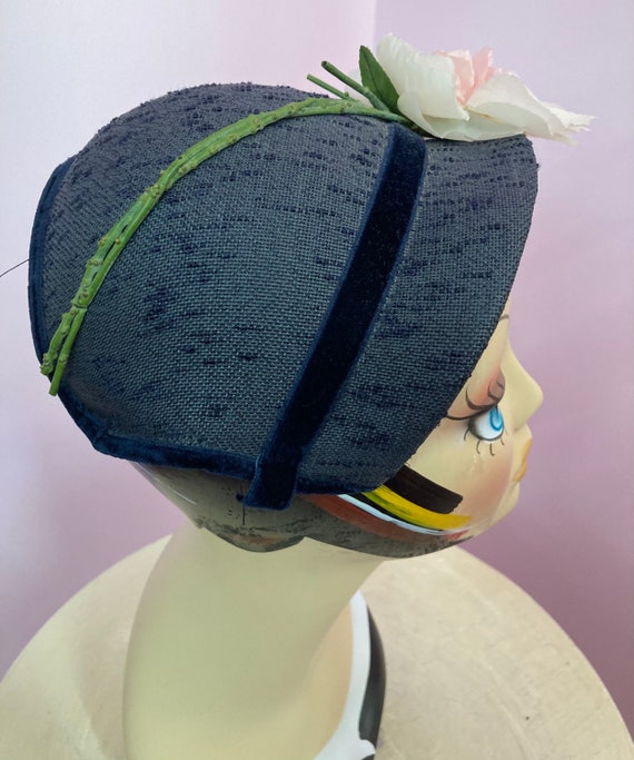 Vintage 50s Navy Blue Cloche Style Hat with Large… - image 5