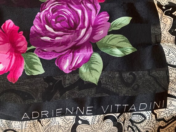 Vintage 80s Adrienne Vittadini Silk Scarf. Black … - image 2