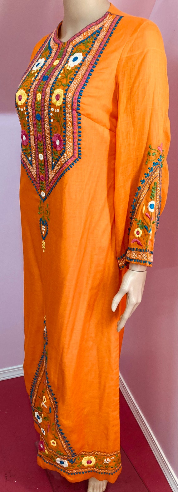 Vintage 60s Caftan. Orange Embroidered Caftan by … - image 5