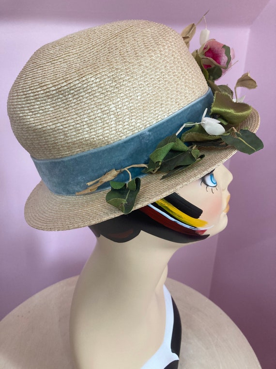 Vintage 1940s Dachettes Straw Hat with Pink Roses… - image 7