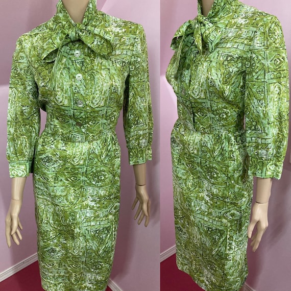 Vintage 60s Semi Sheer Green Cotton Button Front … - image 1