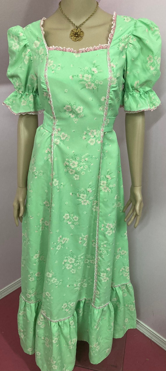 Vintage 70s Green & Pink Floral Maxi Dress. Cotta… - image 2