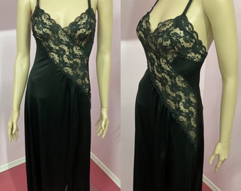 Vintage 70s Sexy Black Nylon Nightgown with Sheer Lace Insets by Val Mode. Medium